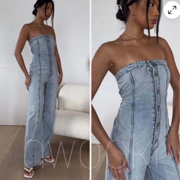 NWT Zara TRF Strapless Off Shoulder Denim Jumpsuit Size XS - Picture 4 of 16
